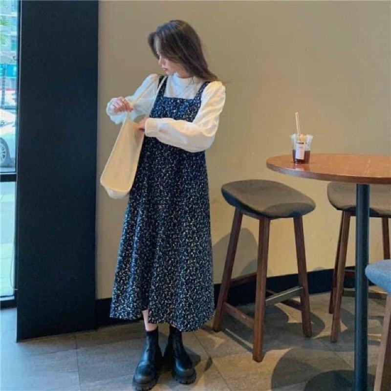 Sét Áo Tay Dài Mix Yếm Hoa Dày Dặn Yếm Dáng Dài Kiểu Vintage Siêu Xinhh
