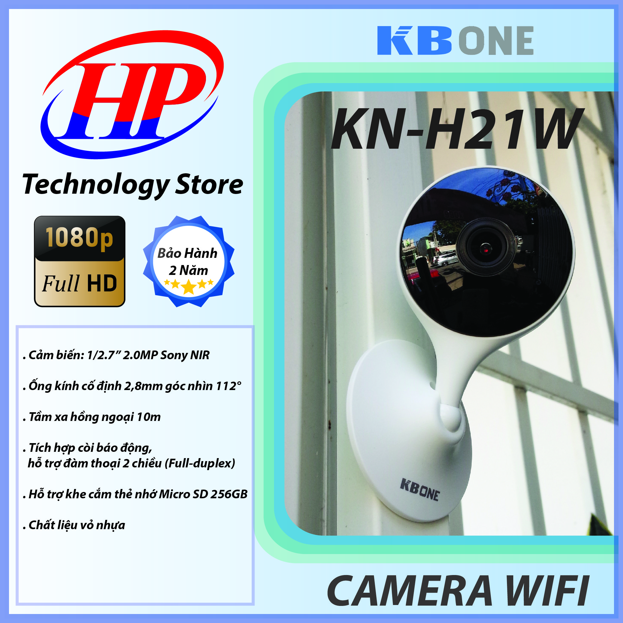 Camera IP WiFi KBONE KN-H21W 2.0 Megapixel, Tích Hợp Còi Báo Động, Đàm Thoại 2 Chiều - CHÍNH HÃNG