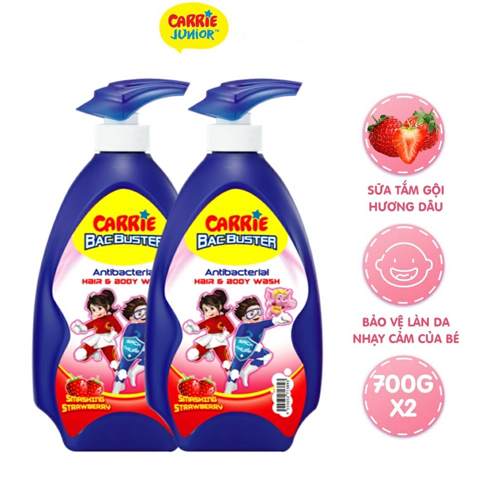 Combo 2 Chai Sữa Tắm Sạch Khuẩn Carrie Junior Bacbuster cho bé Hương Strawberry ( 700g/chai)