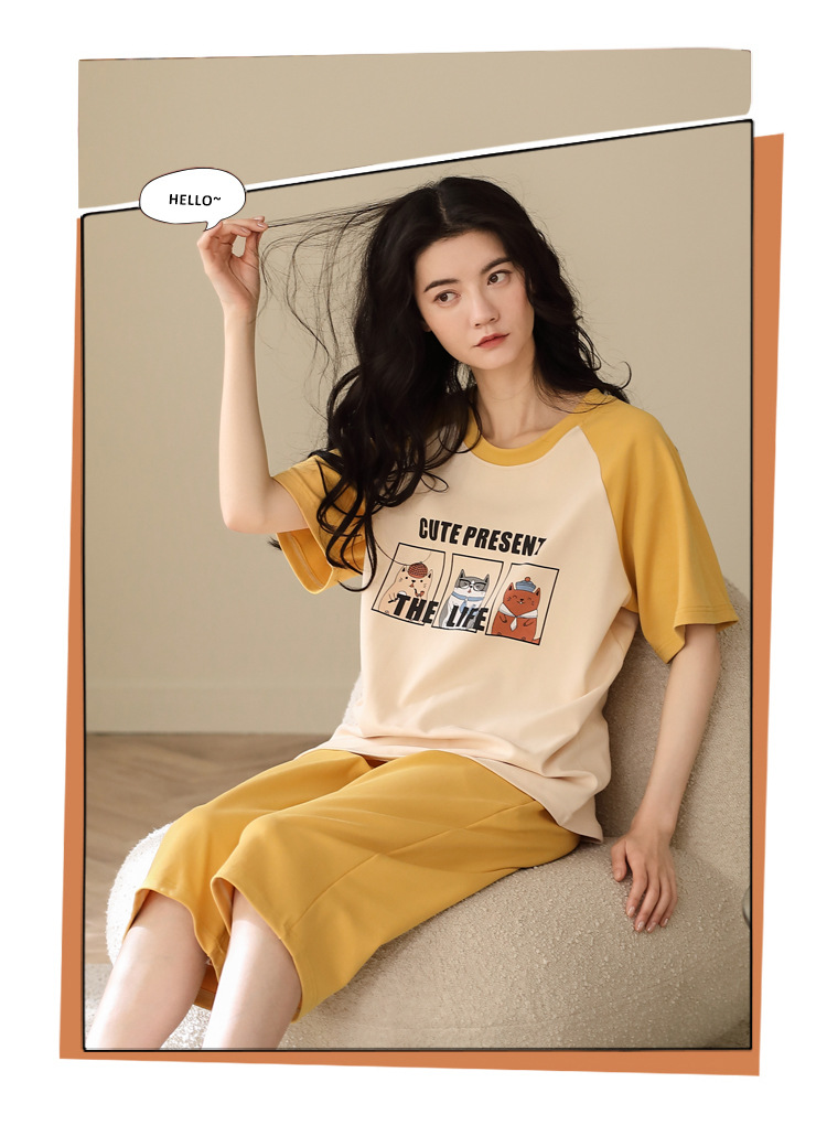 Đồ bộ mặc nhà cotton nữ tay ngắn quần lửng hình hoạt hình 295