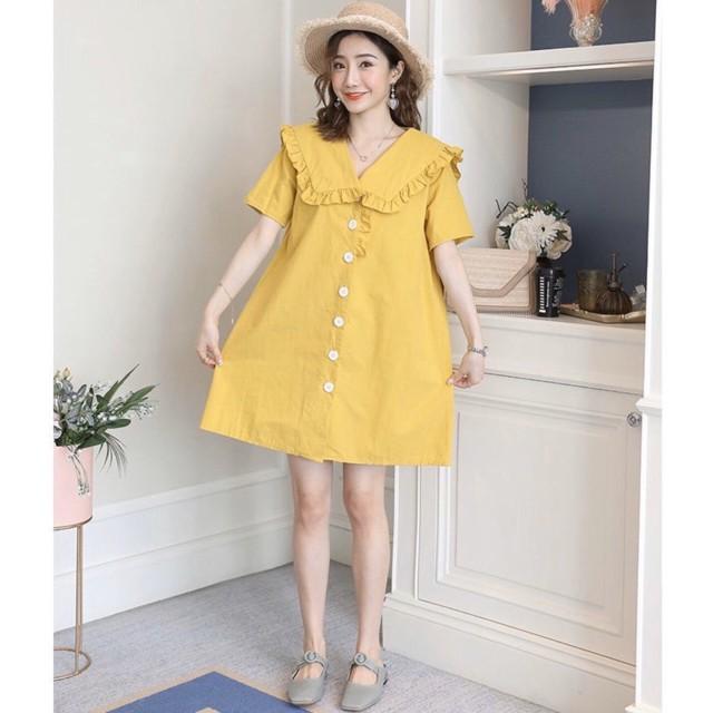 Đầm Suông Ngắn Vàng Có Nút