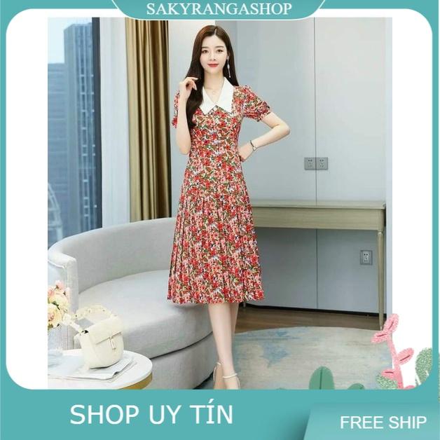 HÀNG NHẬP - ĐẦM VOAN HOA CỔ BẺ CHÂN VÁY XẾP LY