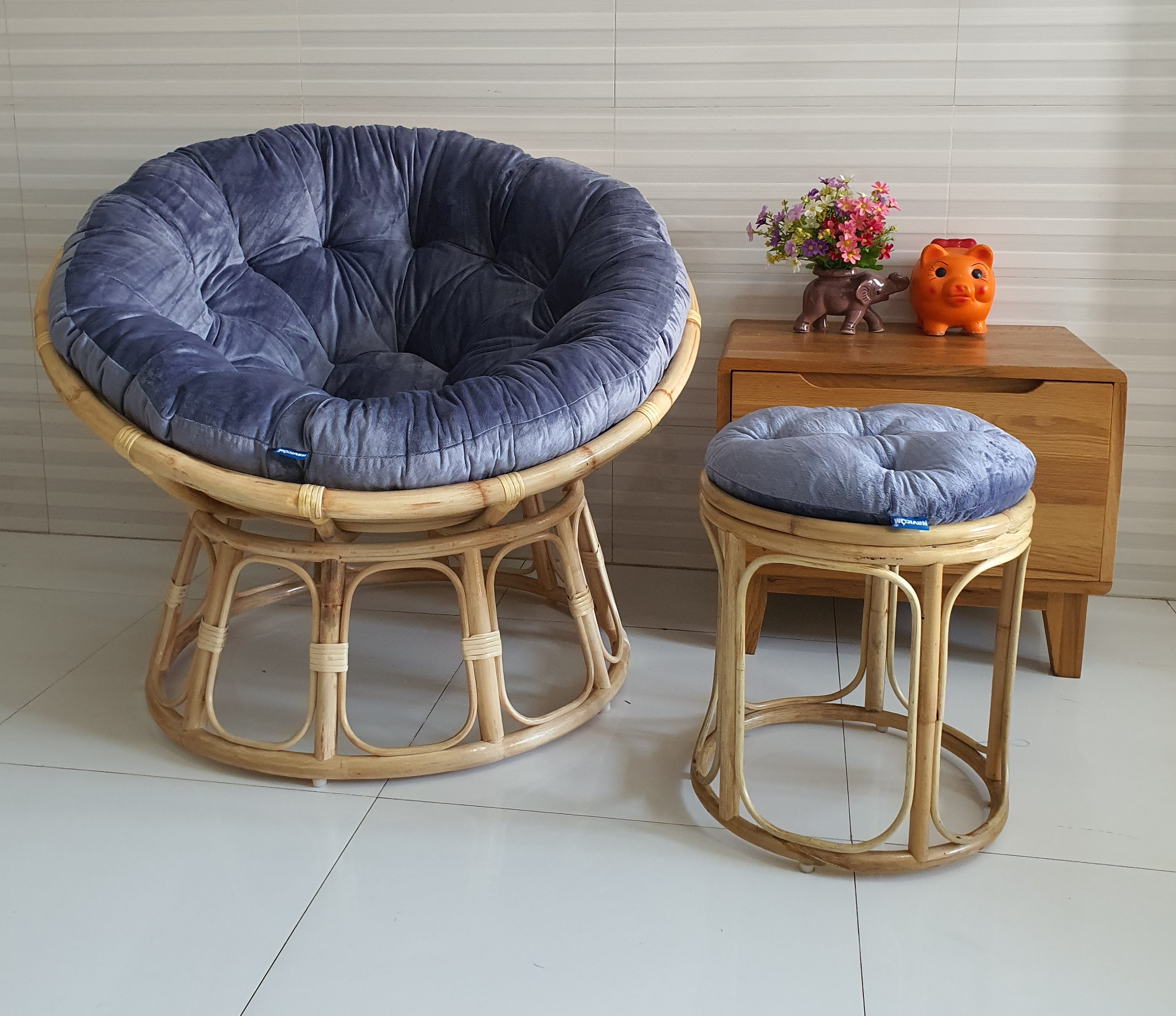 Bộ ghế thư giãn papasan + đôn nhỏ ( vải nhung xám)