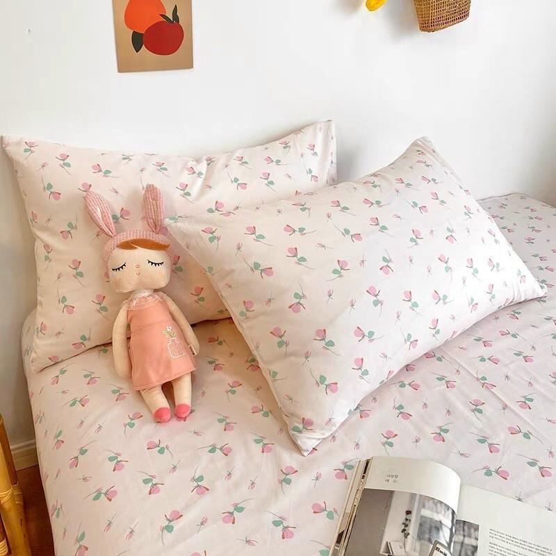 Set Cotton Living 100%cotton Hàng Nhập Khẩu Cao Cấp 4 Món Hoa Nhí Hồng Vintage