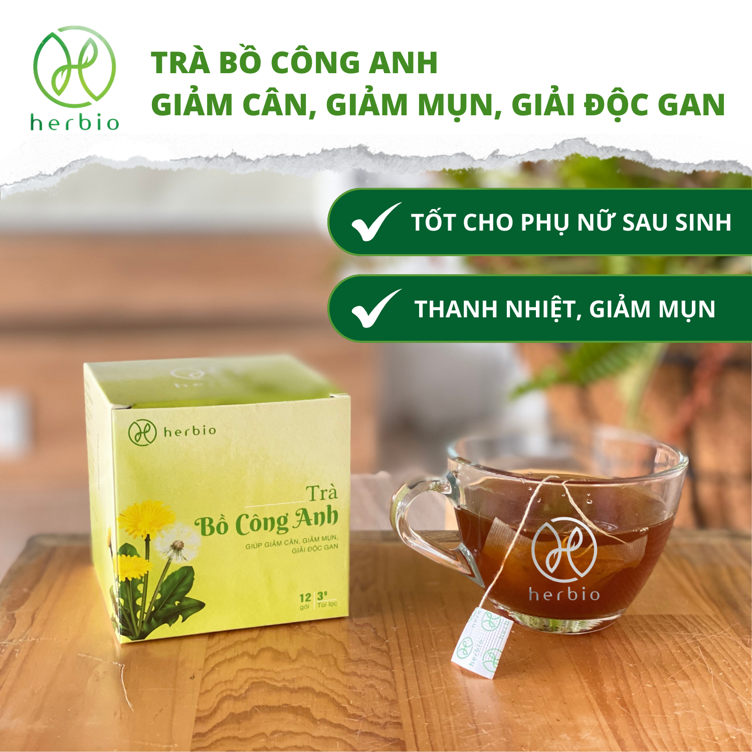 Trà Thảo Mộc Giảm Cân Bồ Công Anh Herbio - Giúp giảm mụn, giải độc gan, detox thanh lọc cơ thể, giảm cân tự nhiên (12 túi lọc x 3gram)