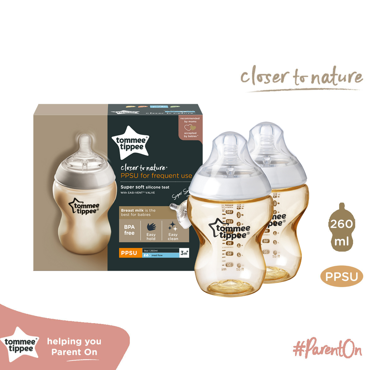 Bình sữa PPSU ty siêu mềm tự nhiên Tommee Tippee Closer to Nature 260ml, núm ty đi kèm 3-6 tháng (Bình đôi)