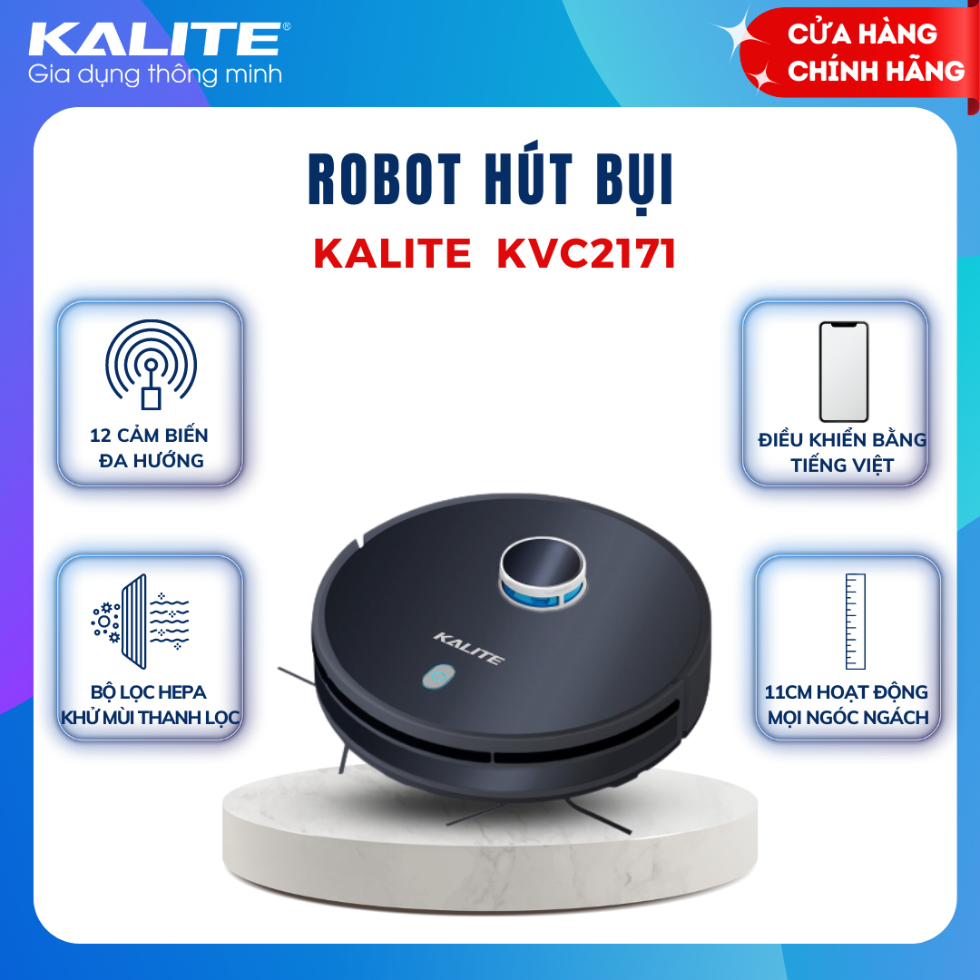 Robot hút bụi Kalite KVC 2171, công suất hút 2300 PA, kết nối wifi, app tiếng Việt, máy hút bụi lau nhà điều khiển bằng giọng nói, dung lượng pin 3200 mAh, hàng chính hãng