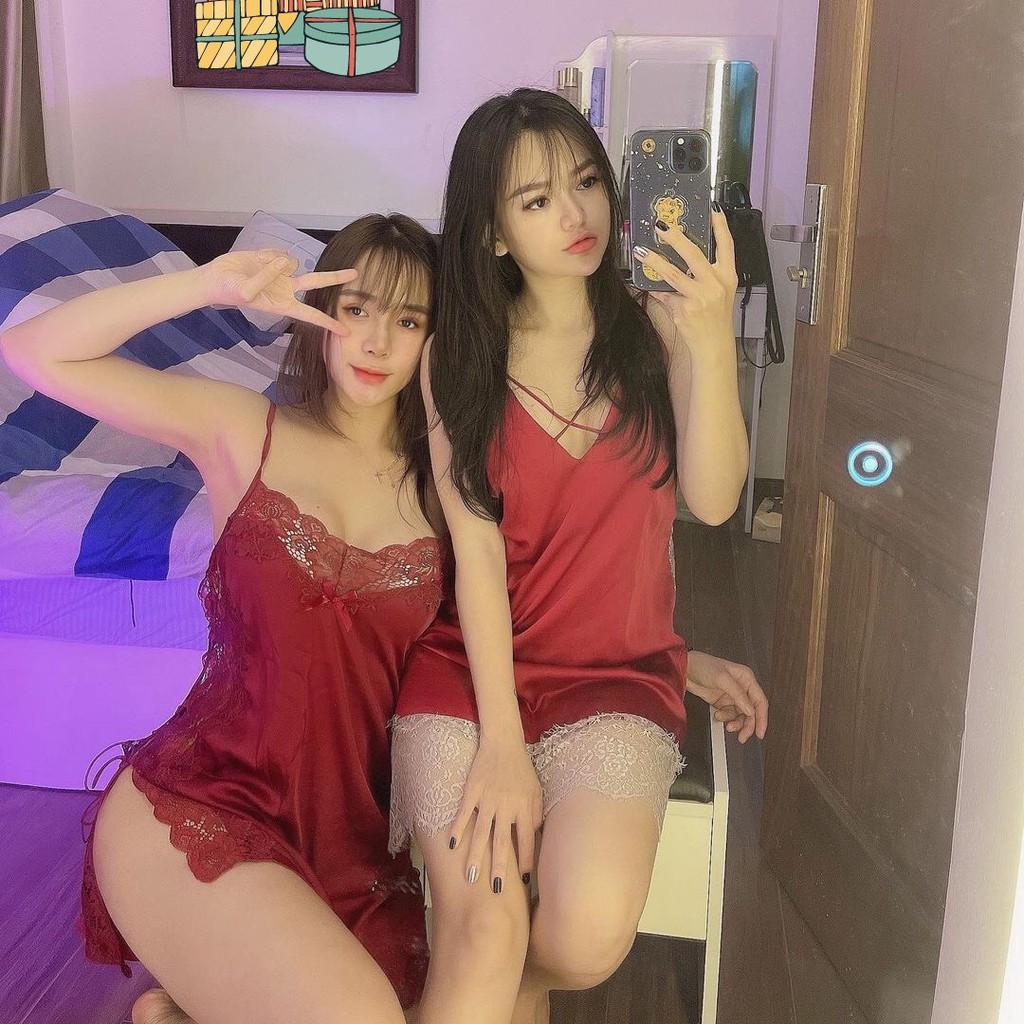 Váy ngủ sexy đan dây hông đầm ngủ lụa phối ren gợi cảm với màu đen huyền bí