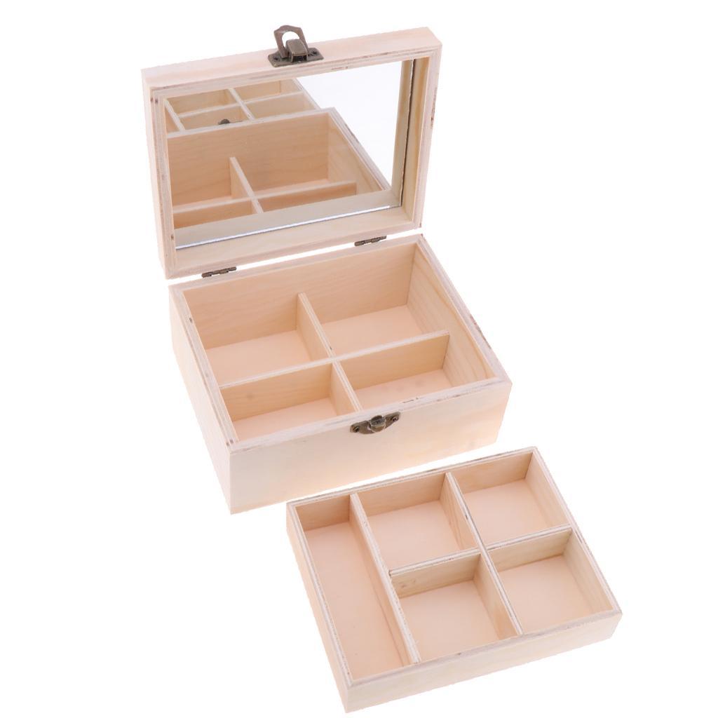 Rectangle Wood Box Jewelry Case Wedding Gift Makeup Cosmetic Earrings Ring Desk Rangement Make Up Wooden Organizer with Mirror - 2 Layers