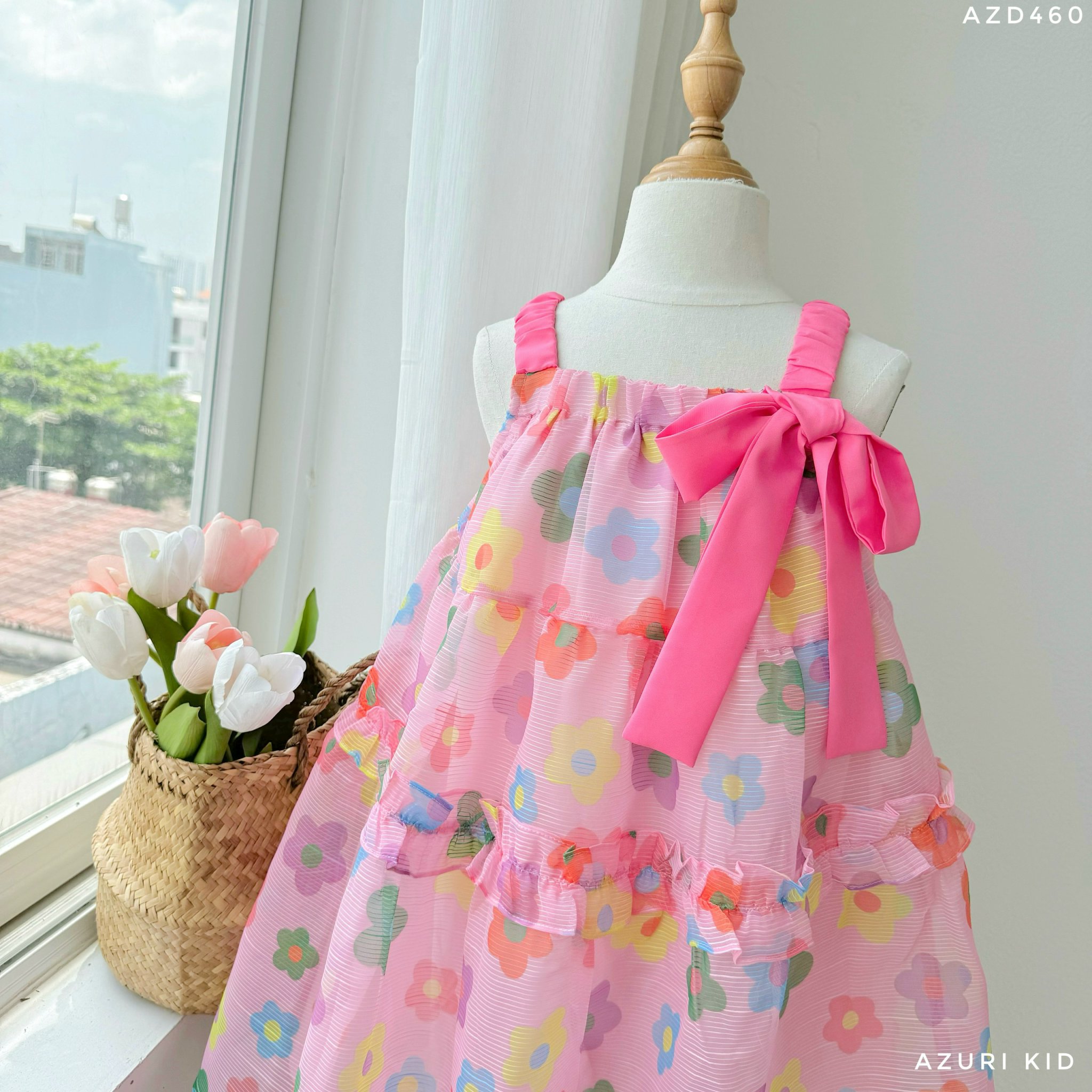 Đầm babydoll cho bé gái đính nơ cánh tiên phong cách Hàn Quốc từ 12-35kg chất vải tơ mềm mát
