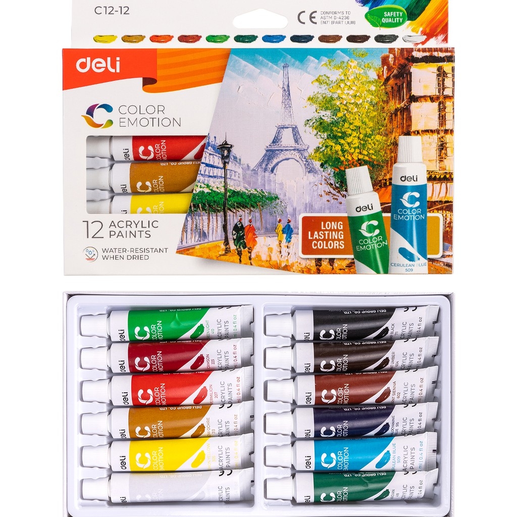 Màu nước Acrylic dạng tuýp 12ml Deli 5/12/24 màu-Tặng kèm pallete gỗ pha màu