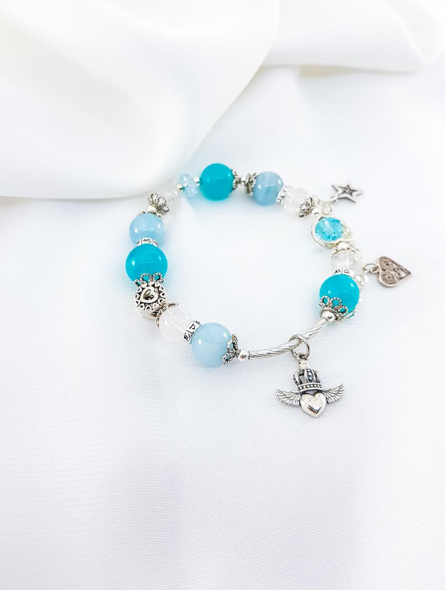 Vòng Tay Mệnh Thủy, Mộc Đá Thạch Anh Ưu Linh Trắng Mix Aquamarine+ Charm Sao, Tim