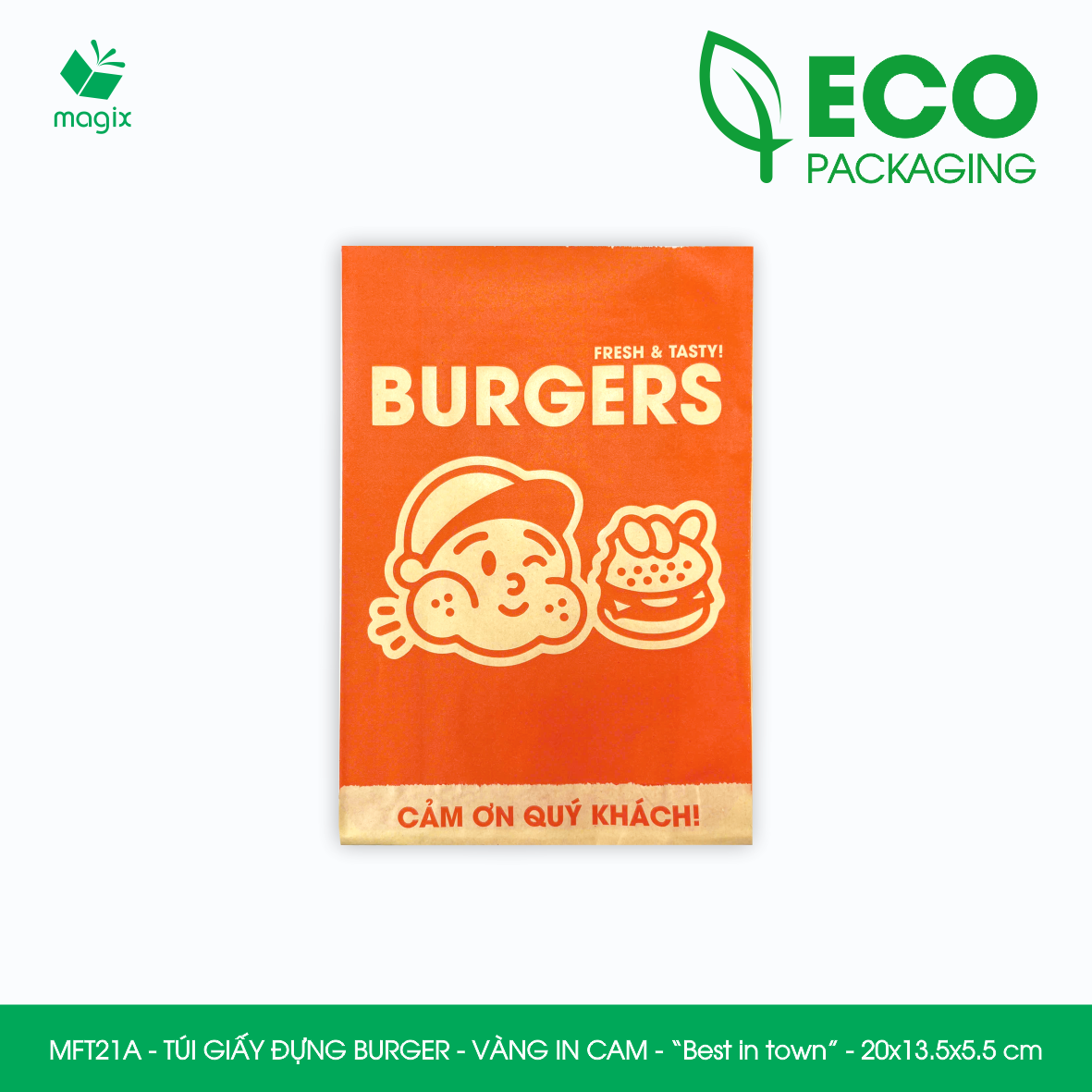 MFT21A - 20x13.5x5.5 cm - 1000 Túi giấy Kraft đựng hamburger, túi giấy burger, túi đựng thực phẩm