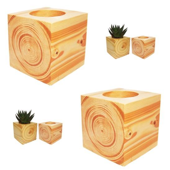 Combo 2 Chậu trồng cây bằng gỗ Nguyên khối Hình vuông Vân gỗ tự nhiên - Kích thước: 9x9cm