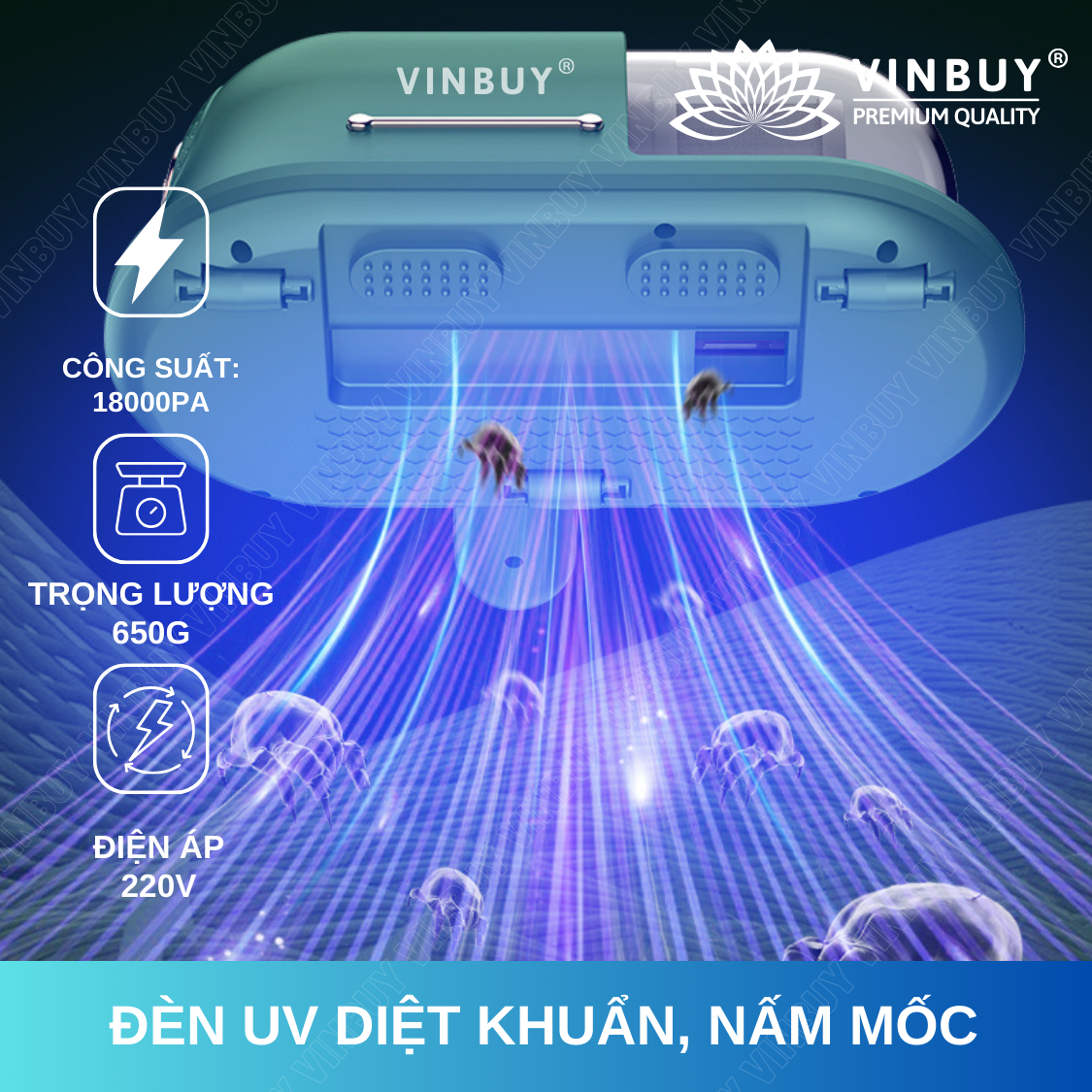 Máy hút bụi giường nệm không dây VinBuy cầm tay hiện đại diệt khuẩn đa tầng, đèn UV, lực hút mạnh 18000PA - Hàng chính hãng