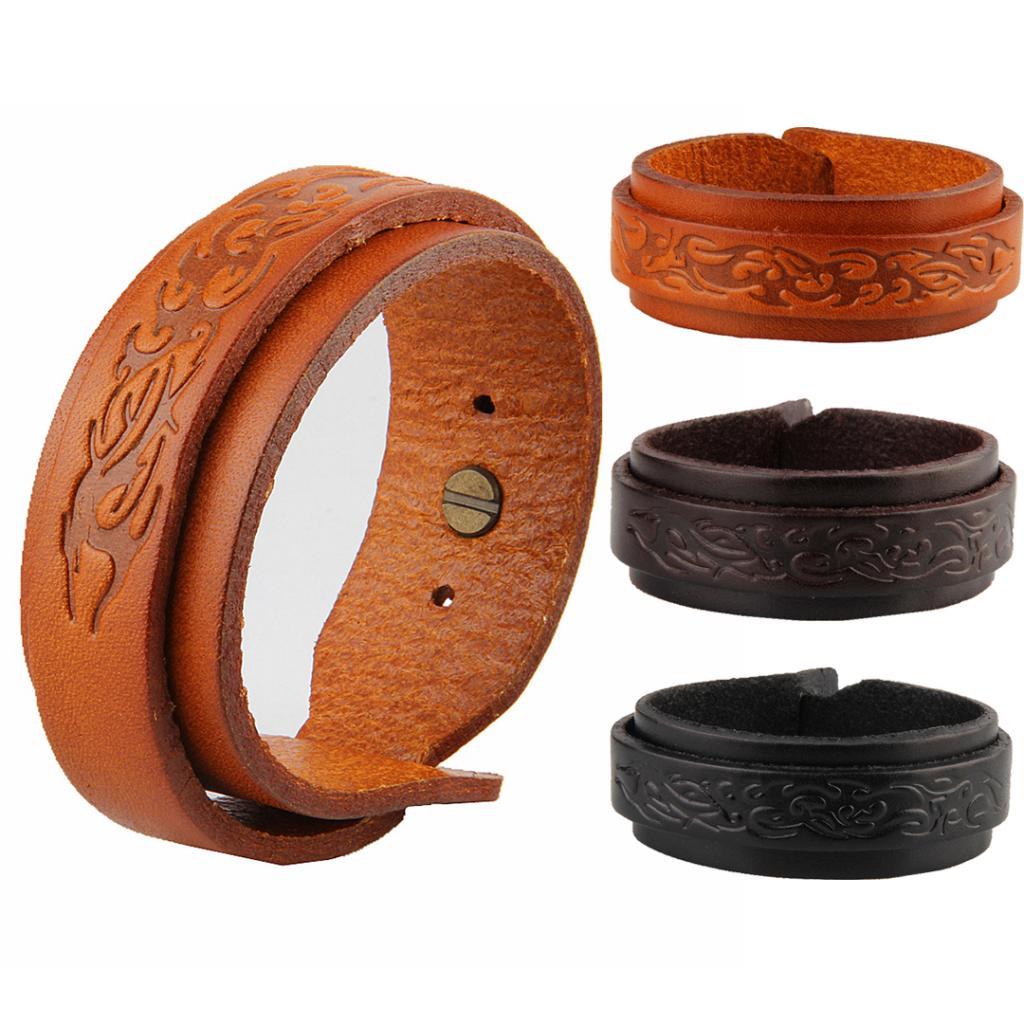 Handmade Double Layers Wide Mens Leather Cuff Bracelet Bangle Pattern