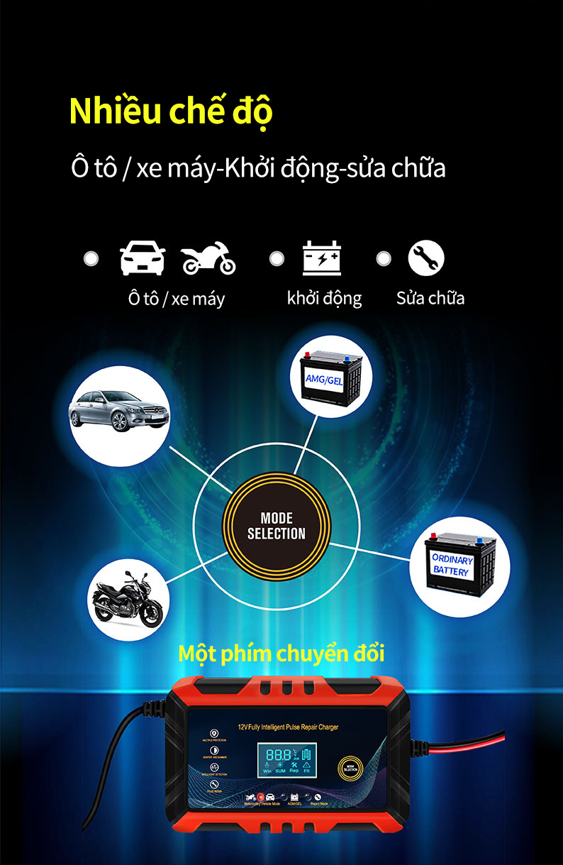 Sạc bình ắc quy ô tô xe máy 12V tự ngắt khi đầy chức năng bảo dưỡng phục hồi ắc quy bằng khử sunfat chống ngược cực,Màn hình hiển thị LCD