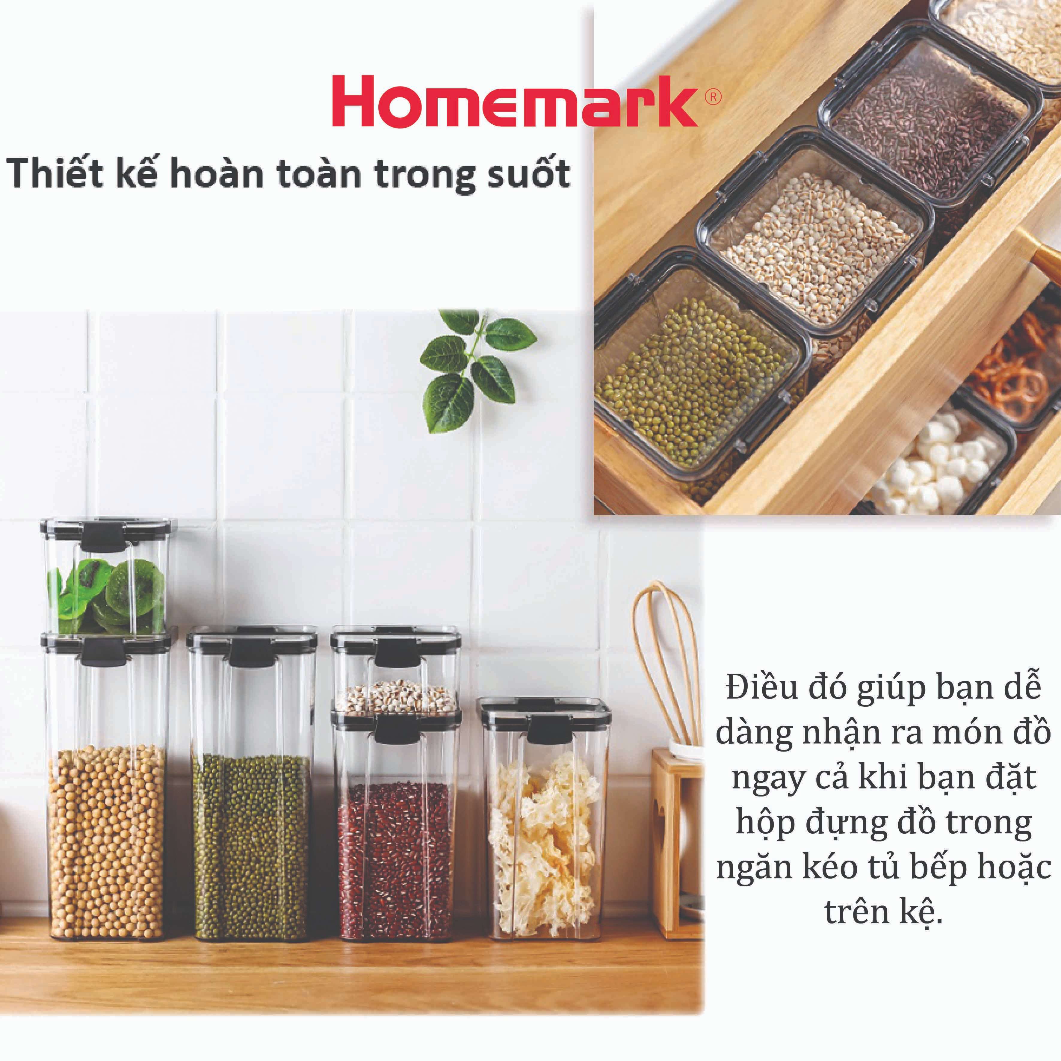 Bộ 3 hộp đựng ngũ cốc, hộp đựng đồ khô cao cấp HOMEMARK nắp kín chống ẩm, nhựa trong suốt nguyên sinh có giấy kiểm định an toàn chất lượng