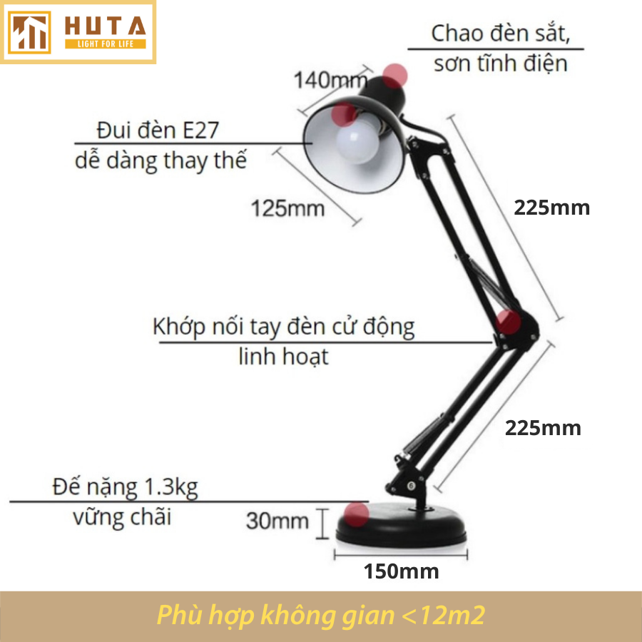 Đèn Bàn Làm Việc Thép HUTA KYSU1 Kèm Bóng Led Chống Cận, Bảo Vệ Mắt, Khớp Nối Cong Dễ Điều Chỉnh, Decor Trang Trí Bàn Học Đọc Sách