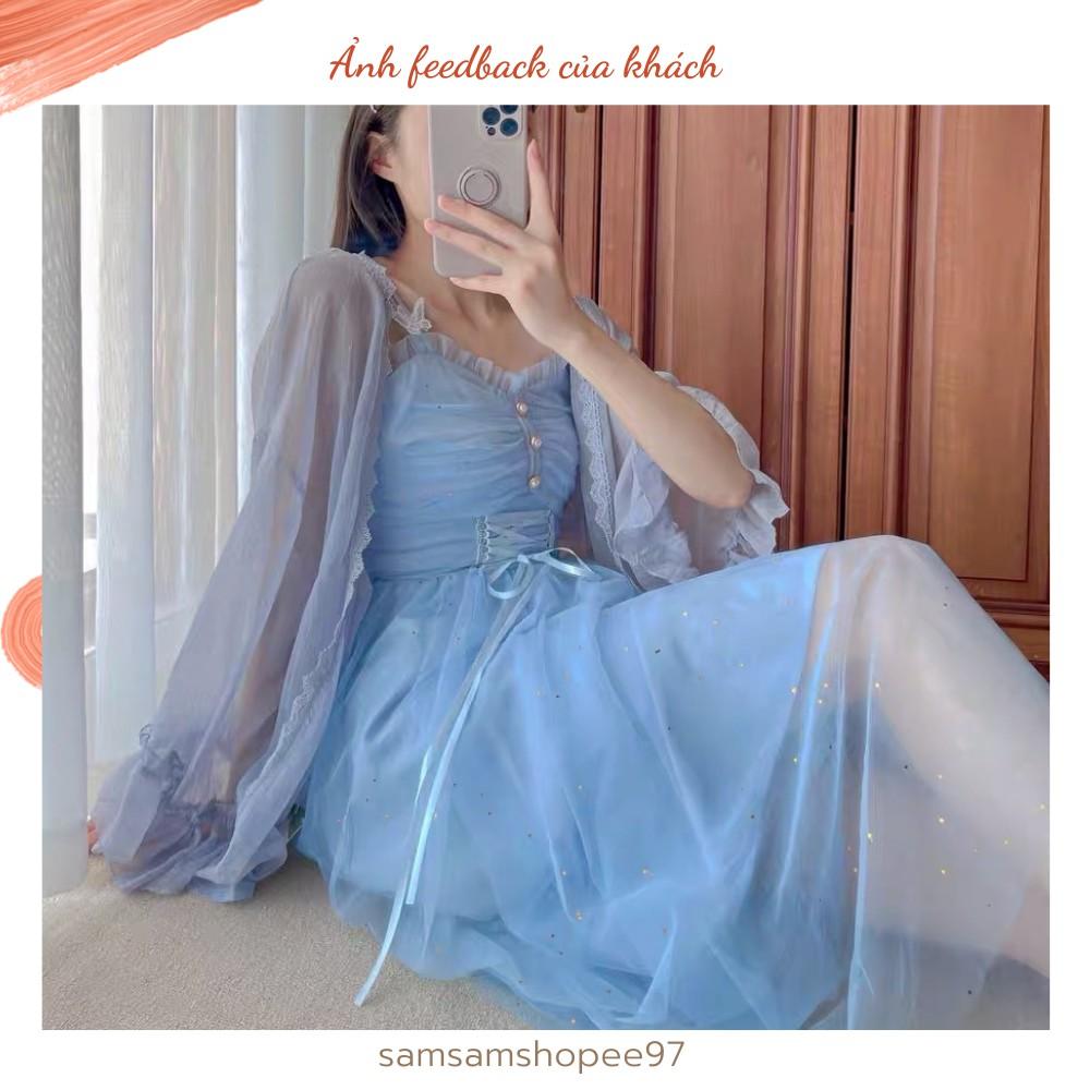 Váy hai dây tiểu thư màu xanh lấp lánh xinh xắn