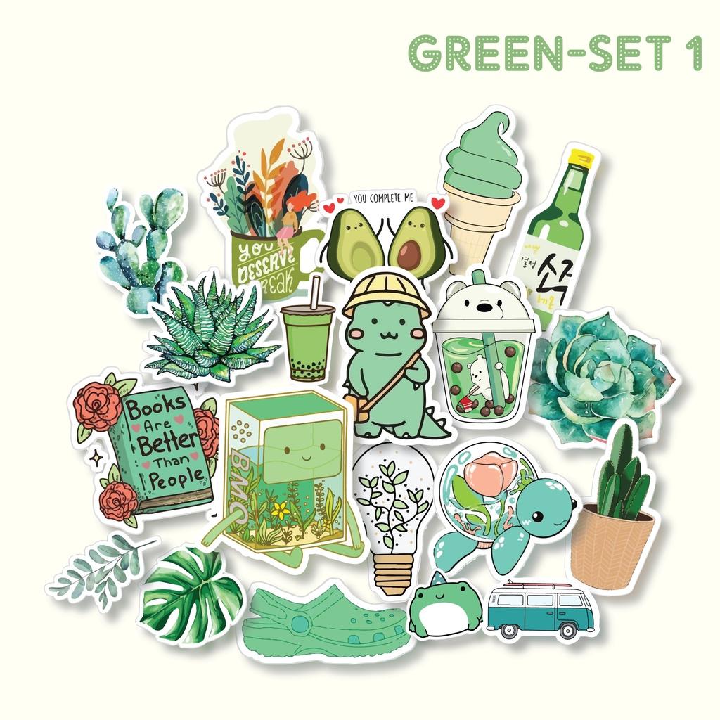 Bộ 20 sticker chống nước Green tone trang trí mũ bảo hiểm, đàn, guitar, ukulele, điện thoại laptop