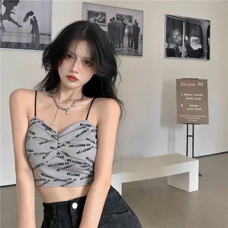 M196. Áo 2 dây có mút ngực croptop in chữ cá tính, áo kiểu nữ đẹp sang chảnh 2023