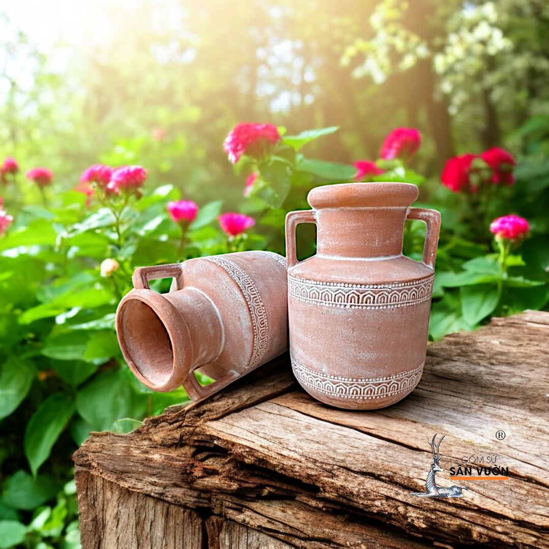 Bình Gốm Hai Quai Hoa Văn Thổ Cẩm R10xH6cm