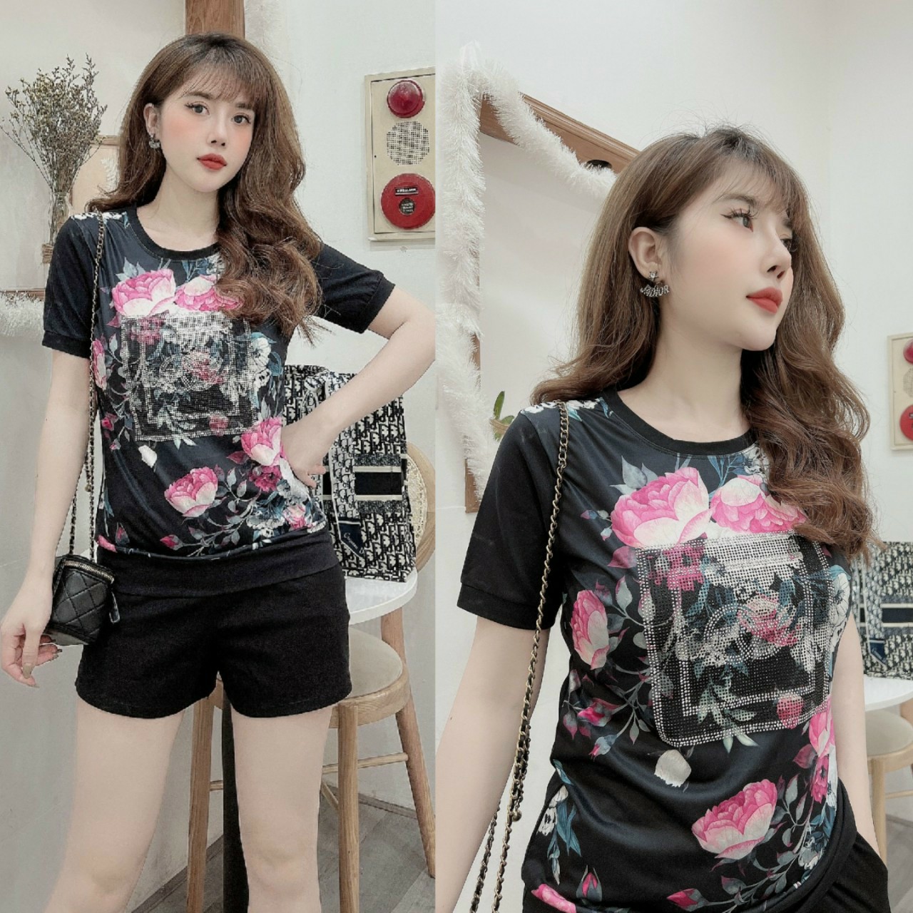 Đồ bộ thun cotton nữ in 3D kết cườm sang trọng (Đùi)