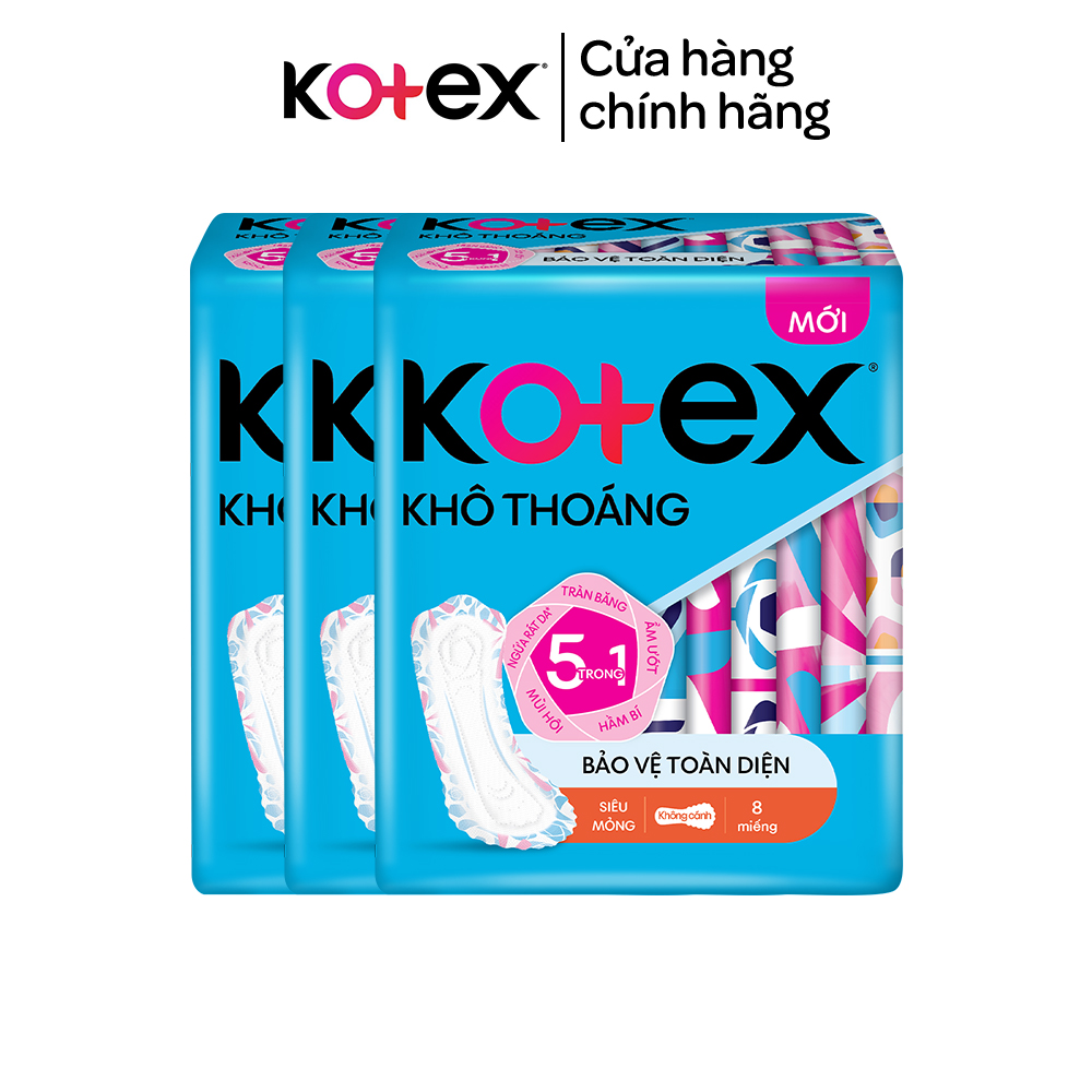 Combo 3 gói băng vệ sinh Kotex khô thoáng siêu mỏng cánh/không cánh 8 miếng