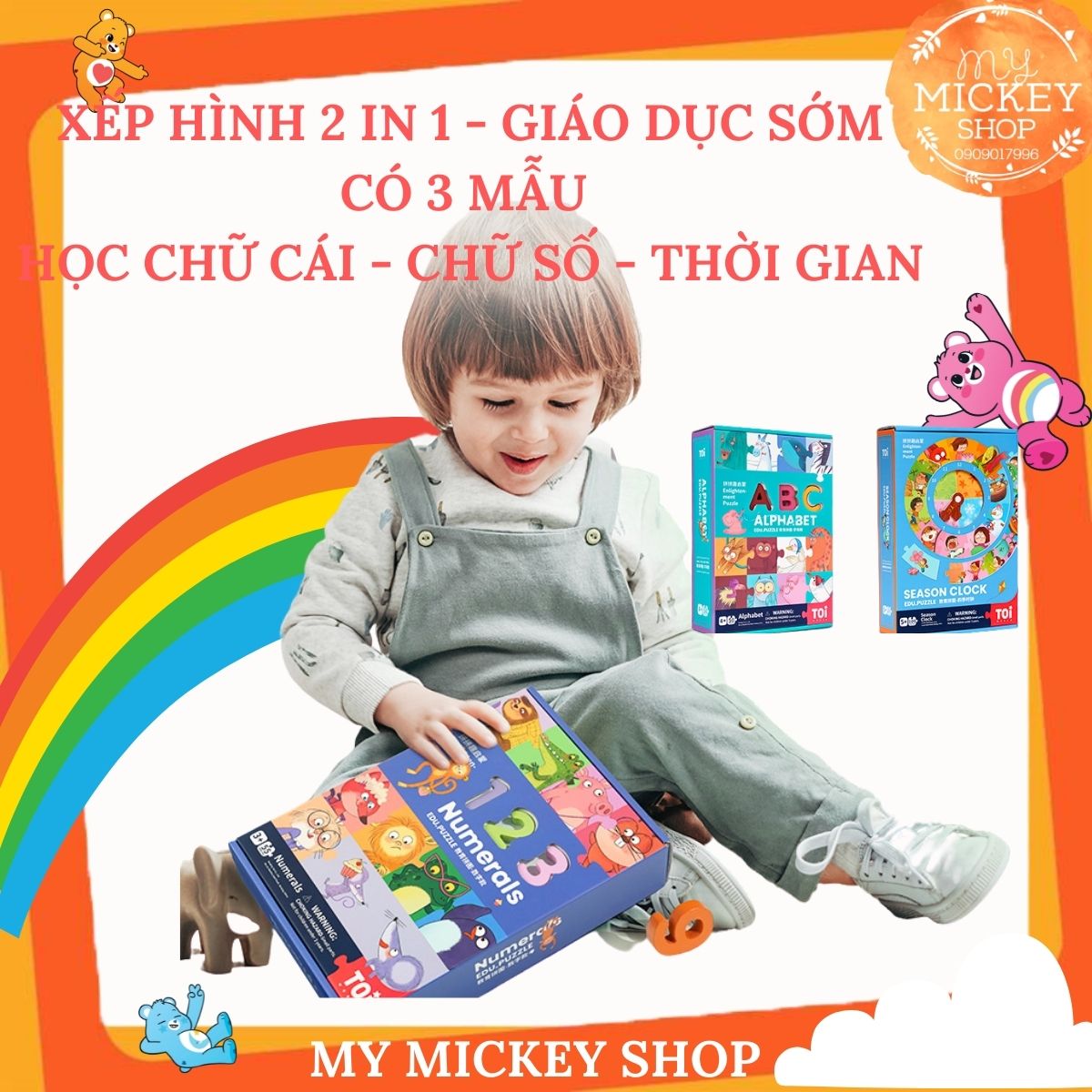 Đồ chơi xếp hình hãng TOI gỗ trí tuệ dành cho bé học có 3 chủ đề bảng chữ cái ABC (có nam châm) và số đếm, thời gian cho bé từ 3 tuổi