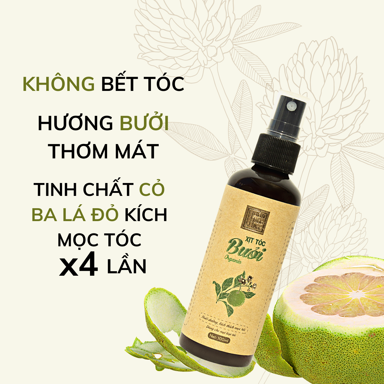 Combo Dầu Gội Bưởi 500ml Xịt Dưỡng Tóc Bưởi 100ml VƯỜN THẢO MỘC ORGANIC Chăm Sóc Tóc Dưỡng Tóc Mọc Dày