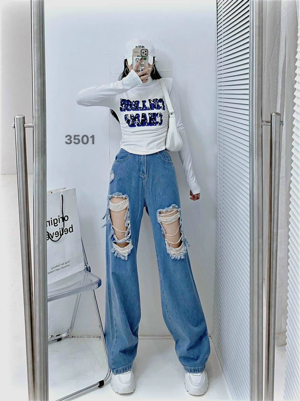 Quần baggy jean ống suông rách gối thời trang