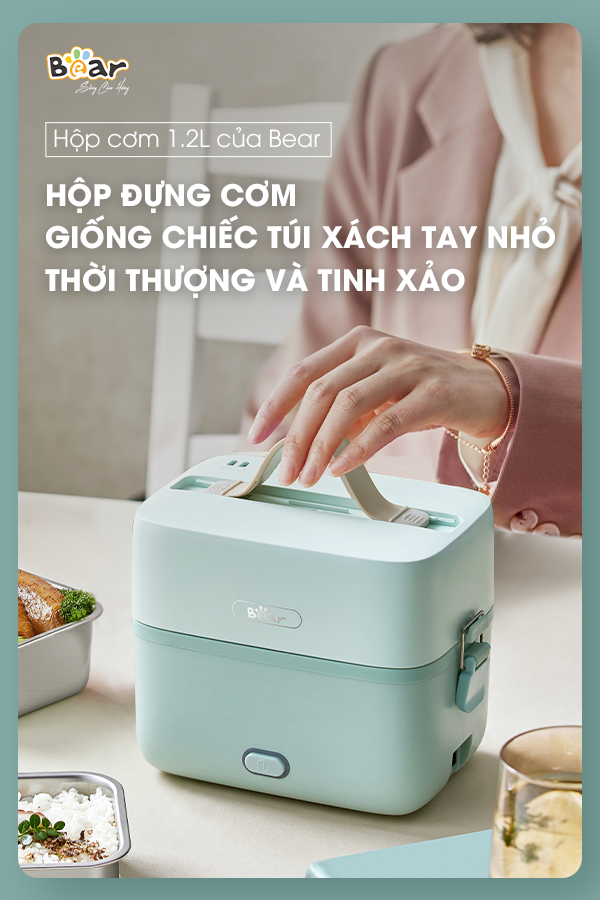 Hộp Cơm Cắm Điện Bear 2 Tầng 3 Ngăn Hâm Nóng Cực Nhanh Inox 304 An Toàn Tuyệt Đối Chống Trào 1,2L SB-HC12L