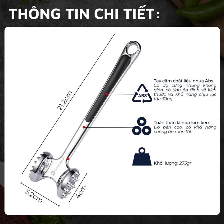 Dụng Cụ Làm Mềm Thịt Cho Nhà Bếp Bằng Inox Kích Thước 22x5cm Cao Cấp