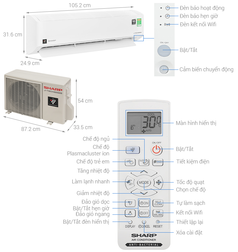 Máy lạnh Sharp Inverter 2.5 HP AH-XP24CHW - HÀNG CHÍNH HÃNG - CHỈ GIAO HCM