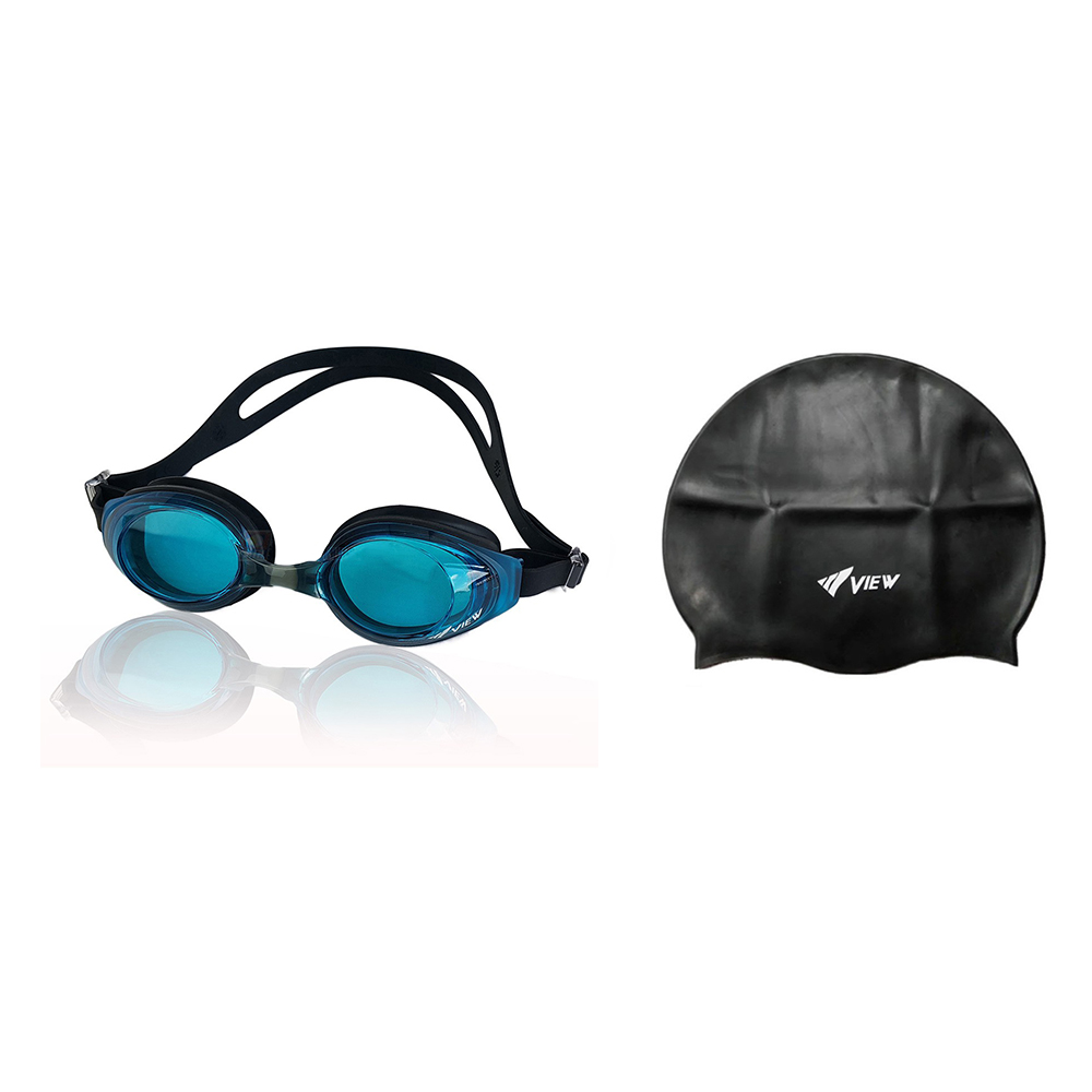 Bộ Kính Bơi VIEW V610 AMBK (Xanh Aquamarine) Chống Sương Mù Chống tia UV Và Nón Bơi View V31(Đen) - Hàng chính hãng 100% sản xuất tại Nhật Bản