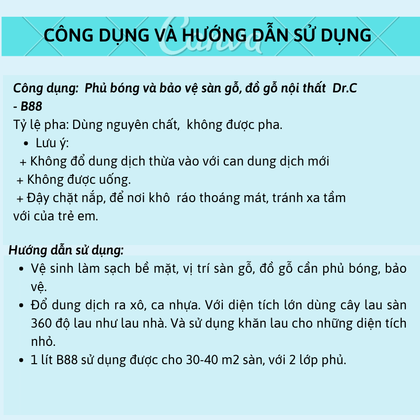 Dung Dịch Phủ Bóng, Phục Hồi Độ Bóng, Tạo Lớp Bảo Vệ Sàn, Chống Trơn Trượt Sàn Gỗ Dr.C CHÍNH HÃNG B88 Super Protect