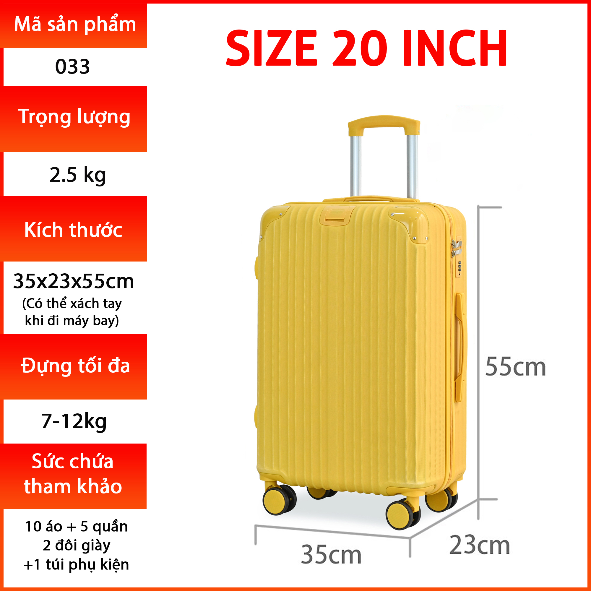 Vali Du Lịch Cao Cấp Size 20inch - Vali chính hãng  KS-033