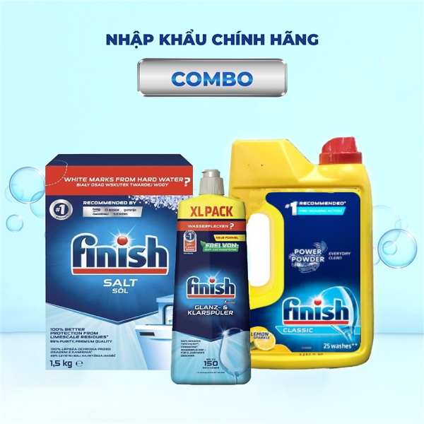 Combo rửa bát Finish: Nước Làm bóng chai 1150ml, Muối hộp 4kg, Bột Classic can 2,5kg - Chính Hãng