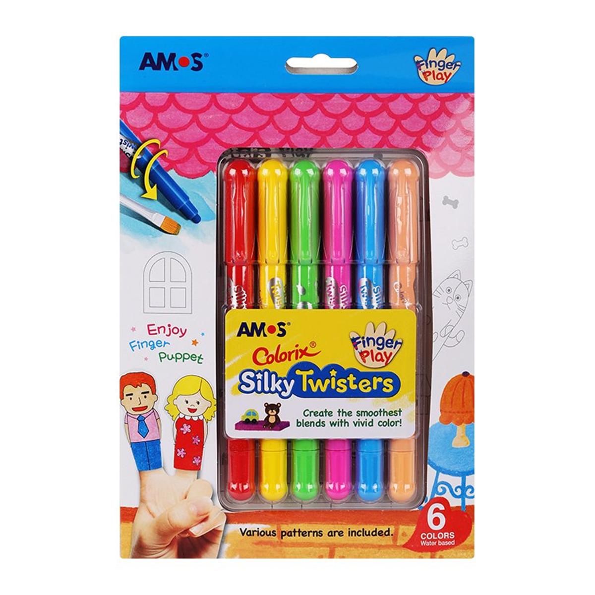 Bộ sản phẩm AMOS Silky Twisters Colorix Finger play gồm 06 màu. Loại bút màu 3 in 1: Pastel, crayon và watercolor, kèm 06 hình mẫu để tô.