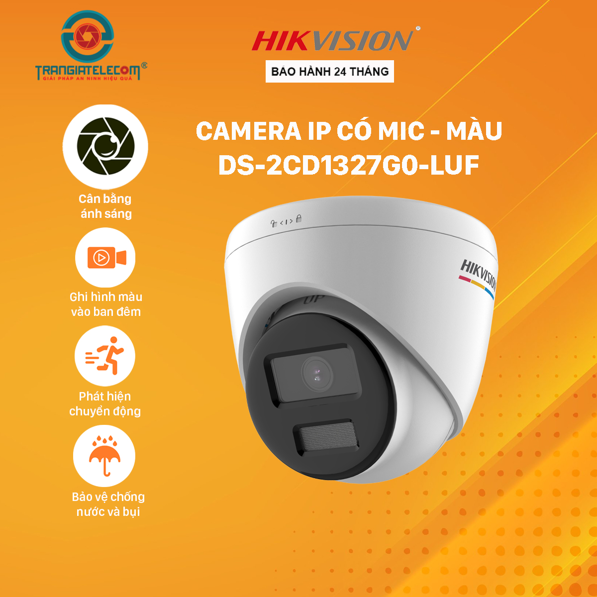 Camera IP Dome HIKVISION DS-2CD1327G0-LUF Tích Hợp Mic, Có Màu 24/7 - Hàng chính hãng