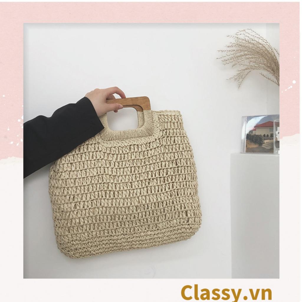 Túi cói Classy đan móc size lớn chất liệu giấy cao cấp, quai gỗ chất lượng, thân thiện với môi trường T994