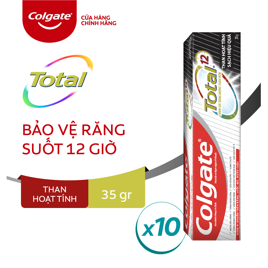 Bộ 10 Kem đánh răng Colgate giảm chảy máu nướu Total than hoạt tính bảo vệ toàn diện 35gr/tuýp