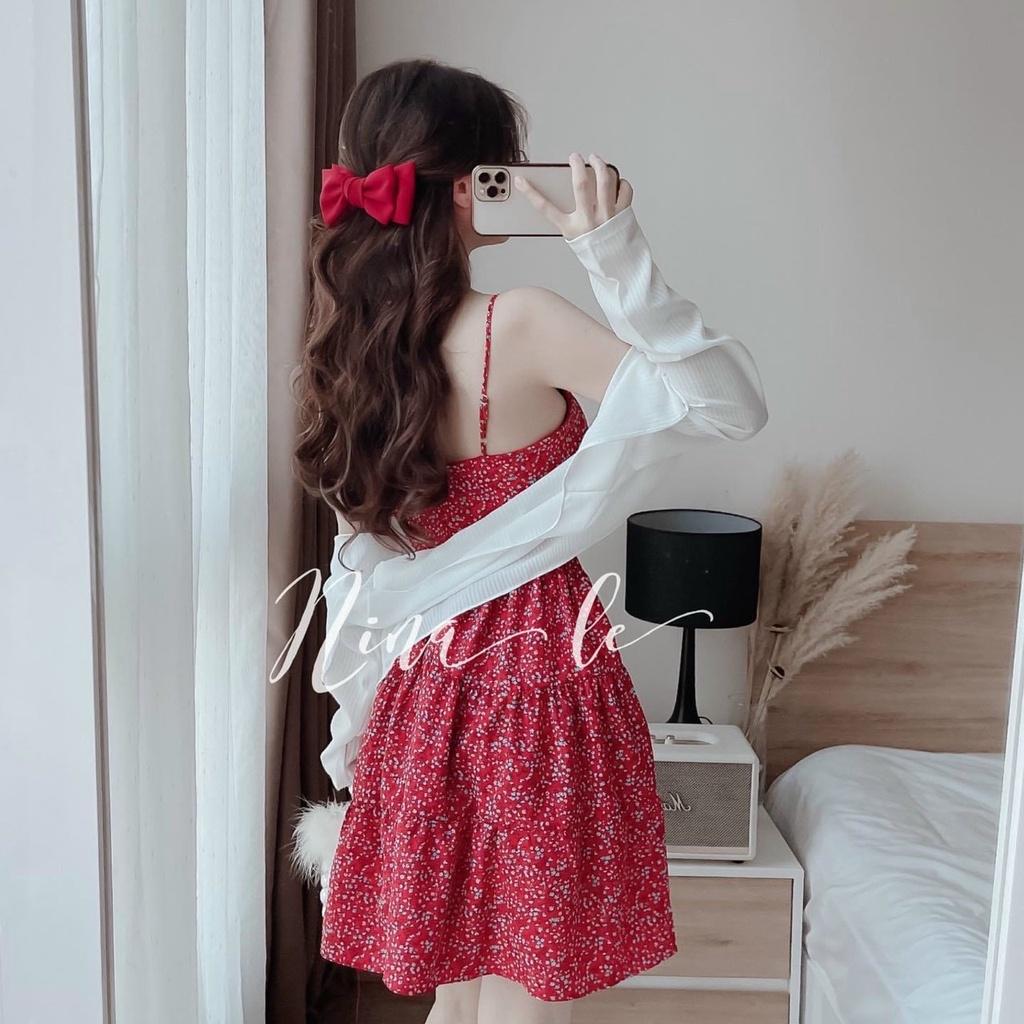 Set đầm hai dây hoa nhí màu đỏ xếp tầng kèm áo khoác dài tay siêu xinh