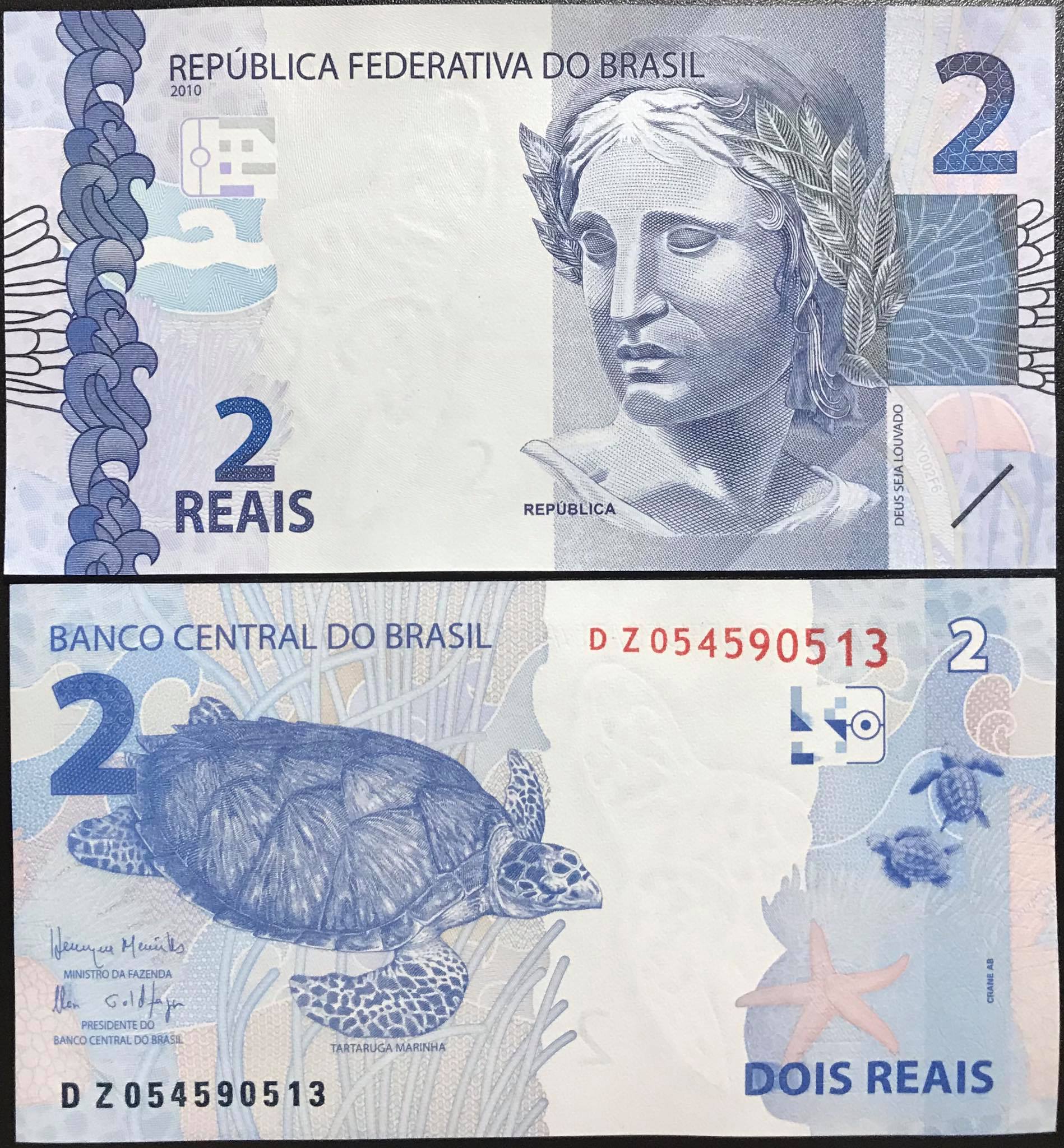 Tiền Brazil 2 reais con Rùa sưu tầm.