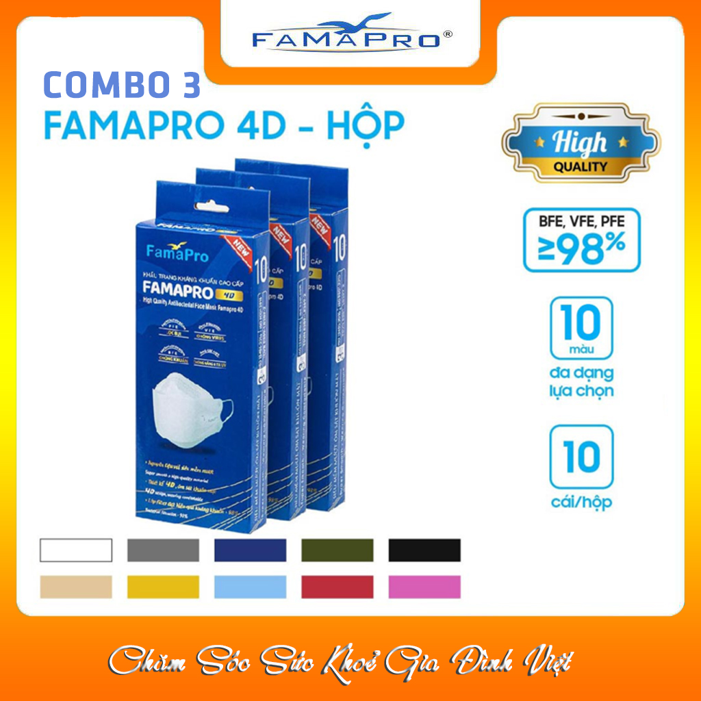 Combo 3 Hộp Khẩu Trang Y Tế Cao Cấp Famapro 4D/Kháng Virus, Kháng Khuẩn, Lọc Khuẩn, Bụi 98% [Hộp 10 cái Chính Hãng] 