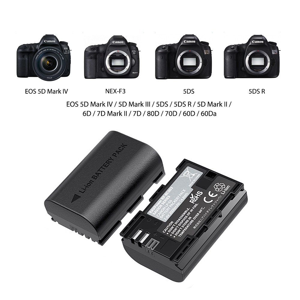 Bộ 2 Pin Và Sạc Kép RAVPower Cho Canon LP-E6 5D IV 5DS 5DR 6DII 70D 80D 90D - Hàng Nhập Khẩu
