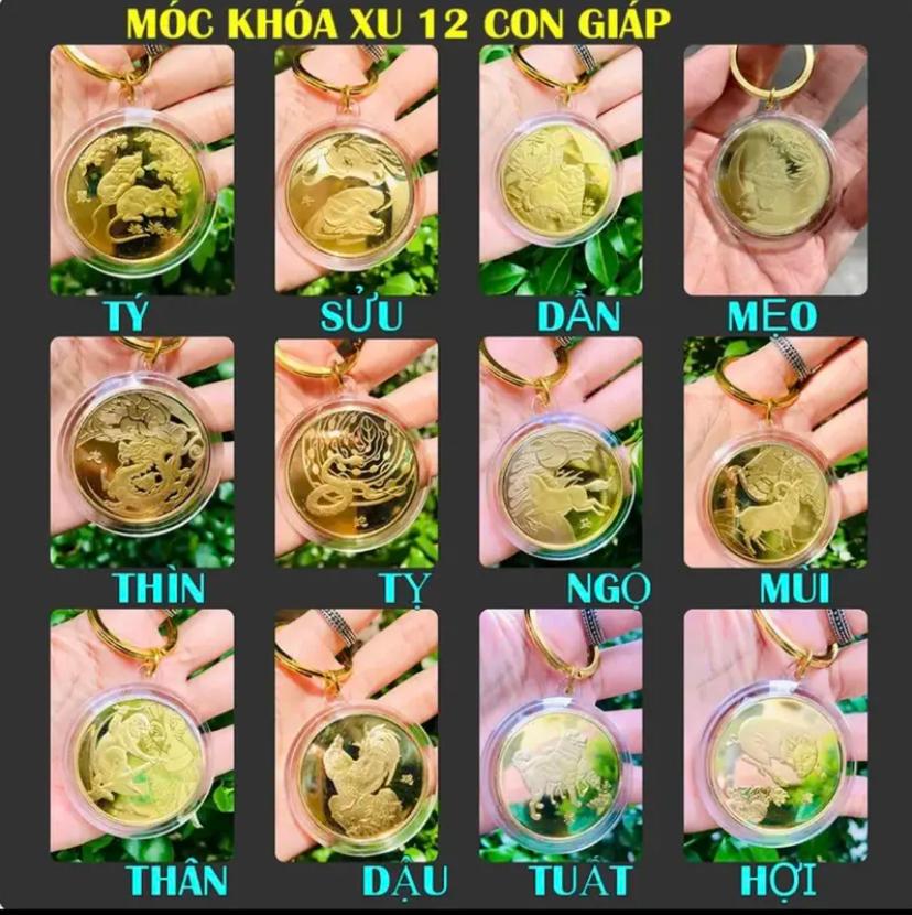 Bao lì xì Ti.ền 2023 Móc khóa Đồng xu phong thủy hình 12 con giáp Niken mạ vàng kèm hồng bao PTLGDC000037