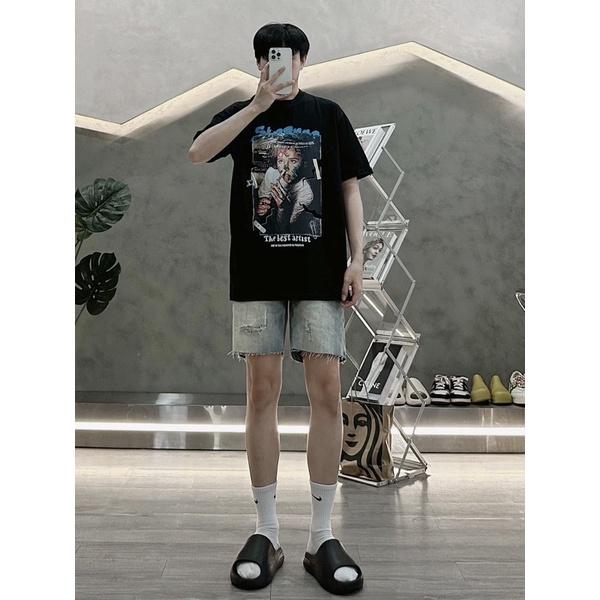 Áo thun cao cấp áo cotton tay lỡ đen cô bé màu và cô bé bông hoa