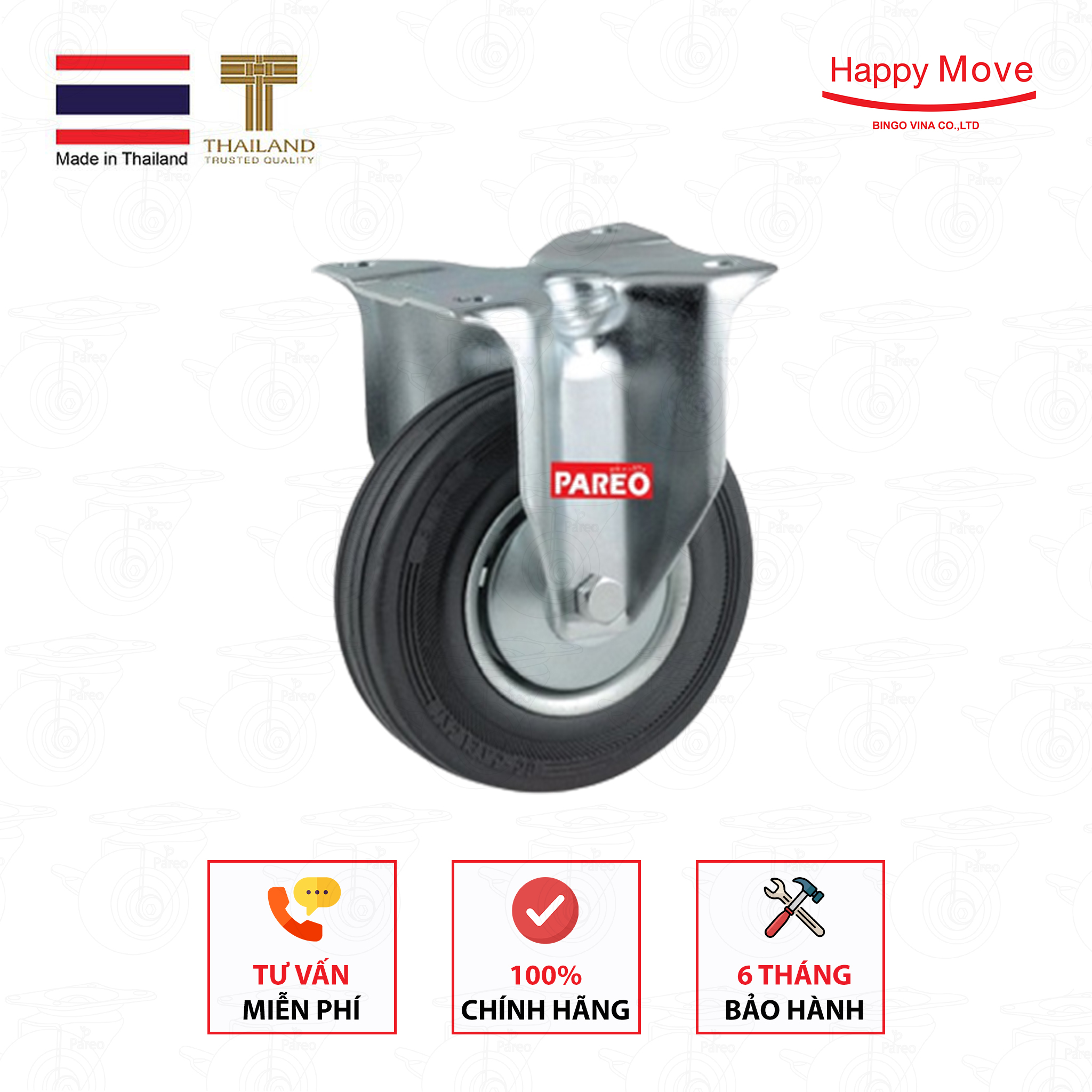 Bánh xe đẩy cao su đen càng cố định 80-100mm - Happy Move Thái Lan